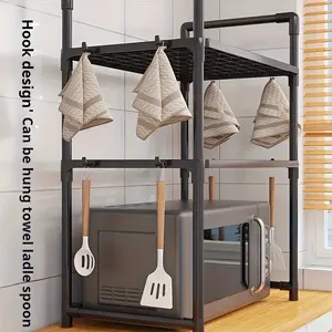 Microwave Rack Wide Thick Oven Bread Machine Shelf Dual Layer Kitchen with Handrail Hooks Spice Organizer, Space Saving Microwave Top Rack
