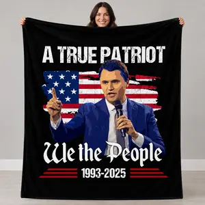 Charlie Kirk Tribute Portrait Flannel Throw Blanket, A True Patriot American Flag Artwork for Political Fan Rooms, Soft Sofa Lounge Cover, Memorial Style Home Accent & Birthday Holiday Gift for Supporters and Collectors