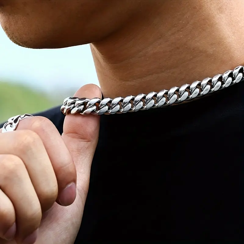 Men's Titanium Stainless Steel Cuban Chain Necklace - Uncoated Metallic Finish, Durable Cuban Link Design, Sleek Modern Style for Casual & Formal Wear - Father's Day Gift for Him, Bold Statement Jewelry for Fashion-Forward Men, Secure Clasp Design