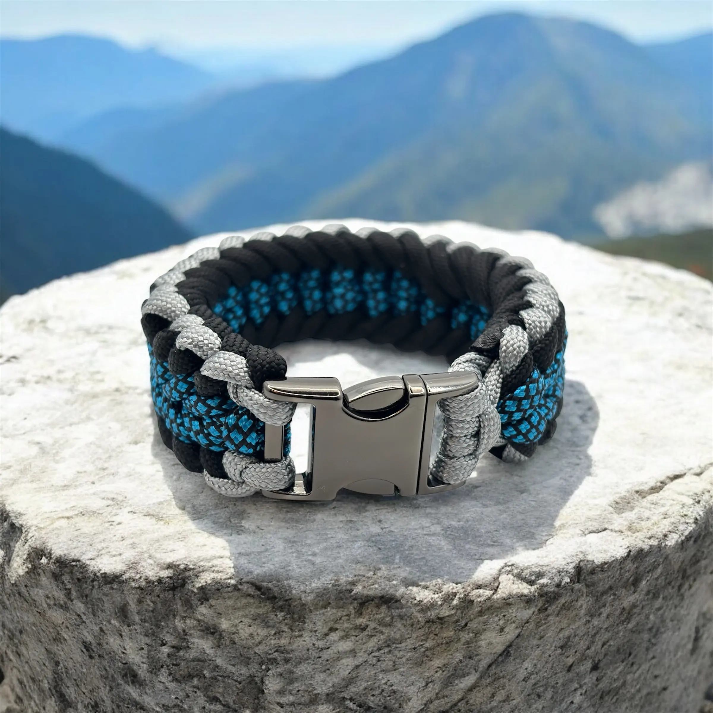 Handmade Sanctified Weave Paracord Bracelet with Metal Clasp – Blue & Gray