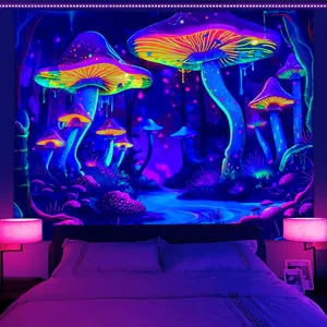 Mushroom Pattern Tapestry, UV Reactive Forest Tapestry, Fantasy Plant River Fluorescent Tapestry, Wall Hanging for Bedroom Living Room, Tapestry Room Decor