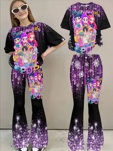 Kpop Cartoon Character Printed Short Sleeve T-Shirt Set, Fitted Long Pants, Casual Everyday Comfortable Girls' Clothing, Daily Wear