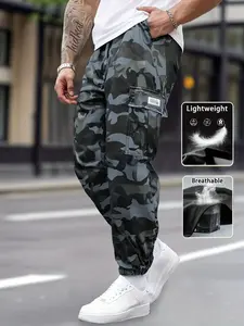 Men's Camouflage Cargo Trousers, Drawstring Waist, Pocket Design, Slim Fit, Casual Street Style, Ideal for Outdoor Activities, Spring & Fall