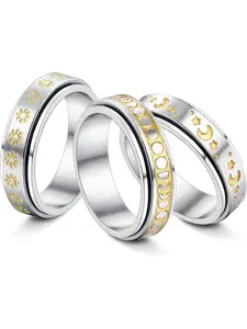 Unique 3 Pcs Silvery Golden Stylish Spinner Rings Classic Stainless Steel Band Rings Stacking Ring Set for Women Men Flower Moon Star Band Rings Spinner Band Rings