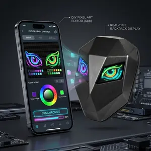 LED Knight Backpack with DIY Pixel Art Screen, Classic Black Hard Shell Motorcycle Helmet Bag, Expandable Smart Travel Rucksack with Glowing Eyes, App Control Display for Riding Camping Party, Cool Tech Gift for Men (Power Bank Not Included)