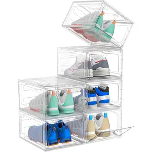 Upgrade harder solid plastic shoe organizer shoe storage with magnetic front door shoe rack 6 pack shoe boxes clear sneaker storage shoe organizer for closet shoe display case white