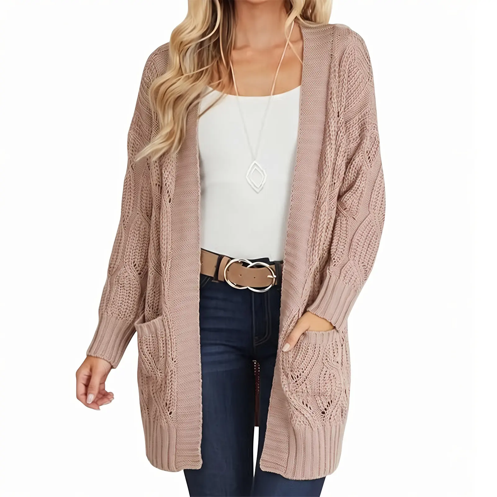YOUSIFY Women's Oversized Long Sleeve Chunky Cable Knit Cardigan - Soft Open Front Outerwear with Pockets, Plus Size Knitwear Tops, Longsleeves