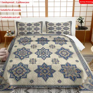 3 pcs, 2D Flat Print Moroccan Tile Pattern Bedspread Set, Soft and Comfortable, Multiple Sizes Available, Suitable for Gifting and Daily Use, Ideal for Creating a Cozy Home Atmosphere(1 bedspread , 2 pillowcases)