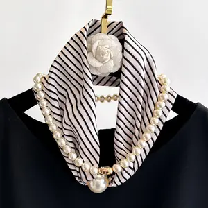Summer Magnetic Buckle Pearl Long Scarf,Printed Thin Neck Scarf,Elegant Decorative Neckerchief,Soft Lightweight Neck Wrap,All Season Fashion Neck Band For Women