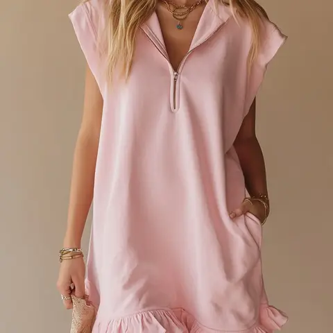 Women's Summer Sleeveless Dress with Dual Pockets, Half-Zip V-Neck Pleated A-Line Skirt, Casual Chic Elegant Dress for Ladies, Womenswear, Dresses with Pockets