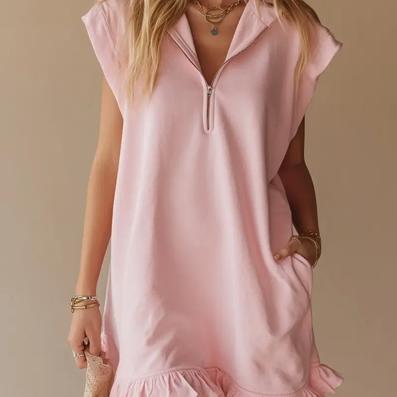 Women's Summer Sleeveless Dress with Dual Pockets, Half-Zip V-Neck Pleated A-Line Skirt, Casual Chic Elegant Dress for Ladies, Womenswear, Dresses with Pockets