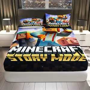 3Pcs Minecraft Story Mode Adventure Fitted Sheet Three Piece Set (1*Fitted Sheet+2*Pillowcases, Coreless), Birthday theme, Gaming Bedding Set, Mattress protector Soft, Breathable