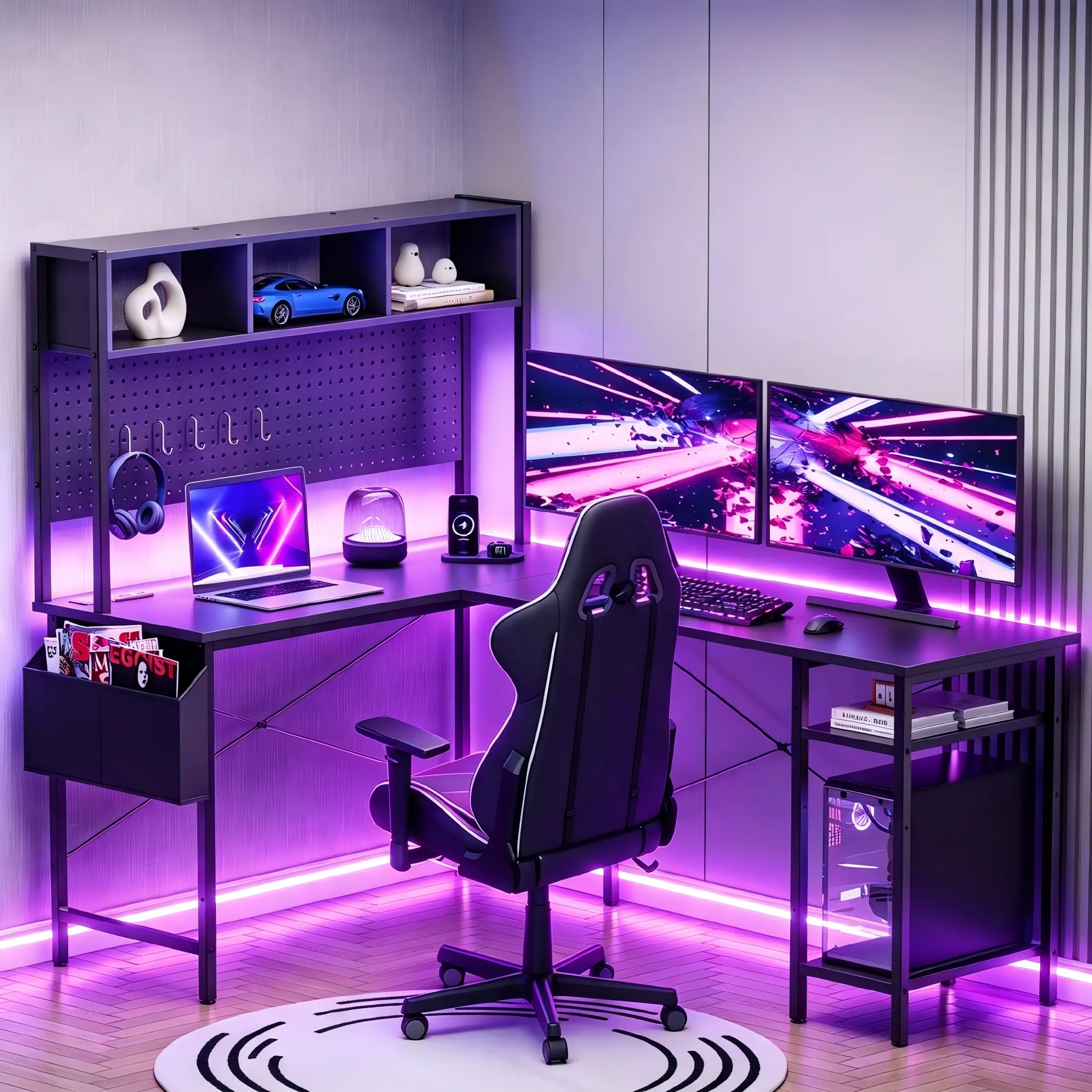 Mr IRONSTONE L Shaped Desk Gaming Desk, 67" Long L Shaped Computer Desk with LED Light & Power Outlet, Reversible Home Office Desk Gamer Desks with Shelves & Storage Bag & Hooks, Corner PC Desk, Black