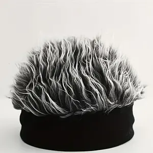 Men'S Funky Faux Fur Knit Beanie Hat - Hip-Hop Style, Straight Hair, No Brim, Perfect for Parties & Cosplay, Black & White Design, Party Accessory |   Funky Beanie |   Faux Fur Hat, Knit Beanie Hat