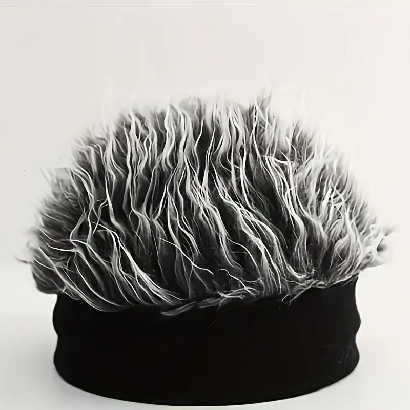 Men'S Funky Faux Fur Knit Beanie Hat - Hip-Hop Style, Straight Hair, No Brim, Perfect for Parties & Cosplay, Black & White Design, Party Accessory |   Funky Beanie |   Faux Fur Hat, Knit Beanie Hat