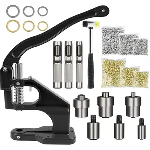 Hand Press Grommet Tool Kit Eyelet Machine Kit Rivet Press Hole Punch Tool Kit with 3 Dies(#0#2#4),1500 Grommets Eyelet (6, 10, 12mm) and Hammer (Black)
