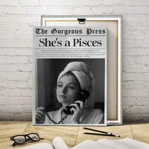 1Count Wooden Frame Canvas, Pisces Zodiac Newspaper Style Art, Exquisite Poster, Fashion Living Room Decoration, Modern Art, Bedroom Poster, High Definition Home Poster, Affordable Poster, Ideal Gift, Waterproof, Printing, Art