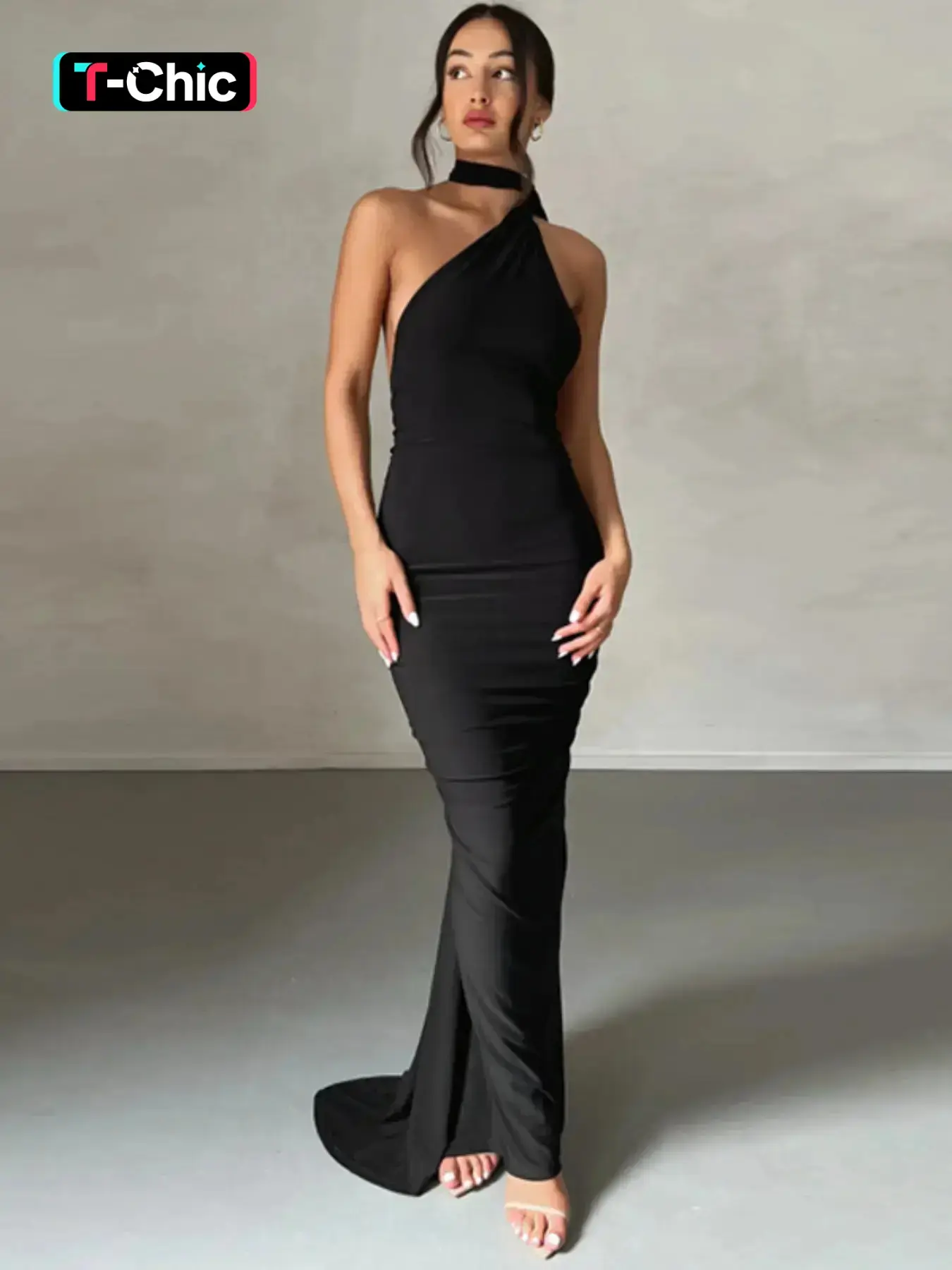 Women's Plain Ruched O-ring Backless Halter Neck Sleeveless Bodycon Knit Dress, Summer Clothes for Women, Womenswear, Elegance Style Maxi Dress for Evening Party Club Formal Wear, Elegant Backless Dress