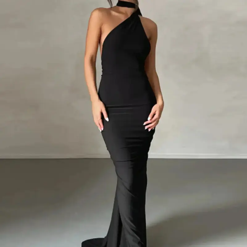 【Black Friday】Women's Plain Ruched Backless Halter Neck Bodycon Dress, Summer Clothes for Women, Elegant O-ring Detail Sleeveless Maxi Dress for Evening Parties and Clubs, Formal Wear, Womenswear