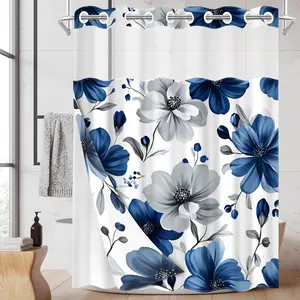 1PC 2D Flat Luxury Blue & White Floral Shower Curtain, Watercolor Anemone All-Over Design, Waterproof & Detachable Liner, Bathroom Curtain (No Hooks)