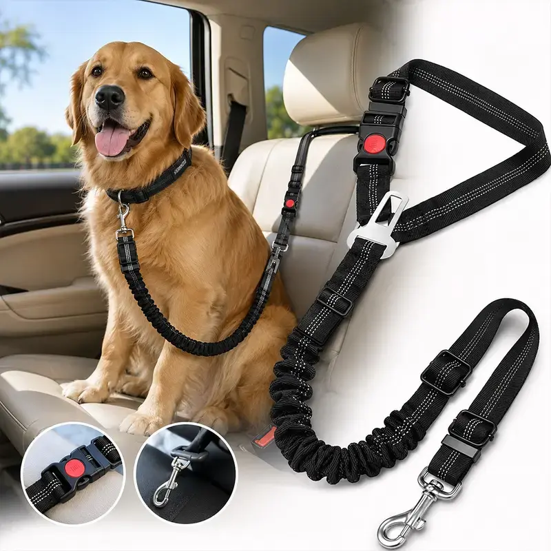1 Pack Dog Seat Belt Headrest Clip 3 n 1 Harness Buckle and Leash car harness pet supplies Adjustable Reflective