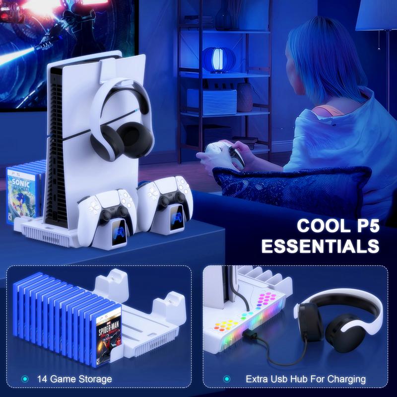 PS5 Slim Stand Cooling Station with PS5 Controller Charger for Playstation 5/Slim Console, PS5 Accessories Vertical Stand Incl.3 Levels Cooling Fan,Light,Headset Holder,14 Game Slot