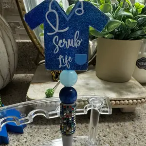 Scrub Life Inspired Pen with Blue Glitter Shirt Design and Colorful Beaded Handle