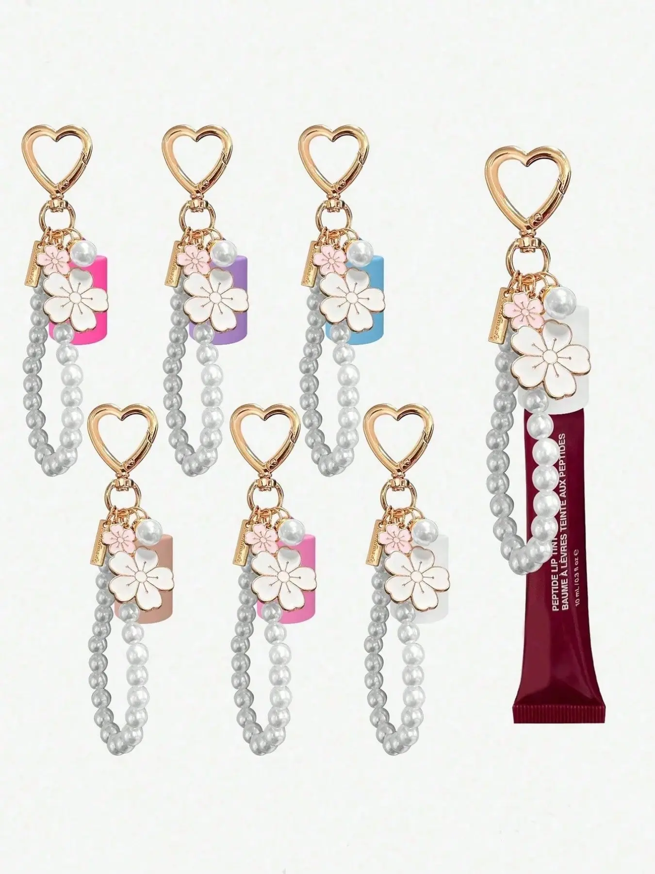 Fashion Pearl Lipstick Keychain Clip, Lip Balm Keyring Protector, Portable Makeup Storage Box, Elegant Sakura Pendant Keychain, Trendy Cute Keychain, Lip Balm Holder Keychain, Cute Keychain Accessory, Aesthetic Keychain