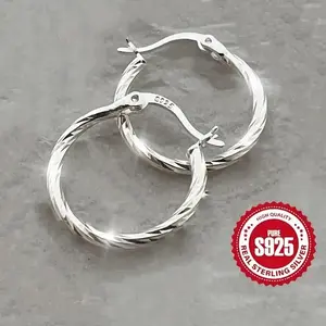 Luxurious S925 Sterling Silver Geometric Twist Circle Hoop Earrings - Minimalist Classic Style Jewelry with Timeless Appeal - Hypoallergenic, Nickel-Free, and Durable