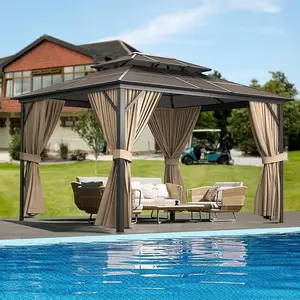 Double Polycarbonate Roof Hardtop Gazebo – Enclosed Aluminum Pavilion with Curtains & Netting, Sunshade Tent for Patio, Garden, Backyard, Lawn, Deck
