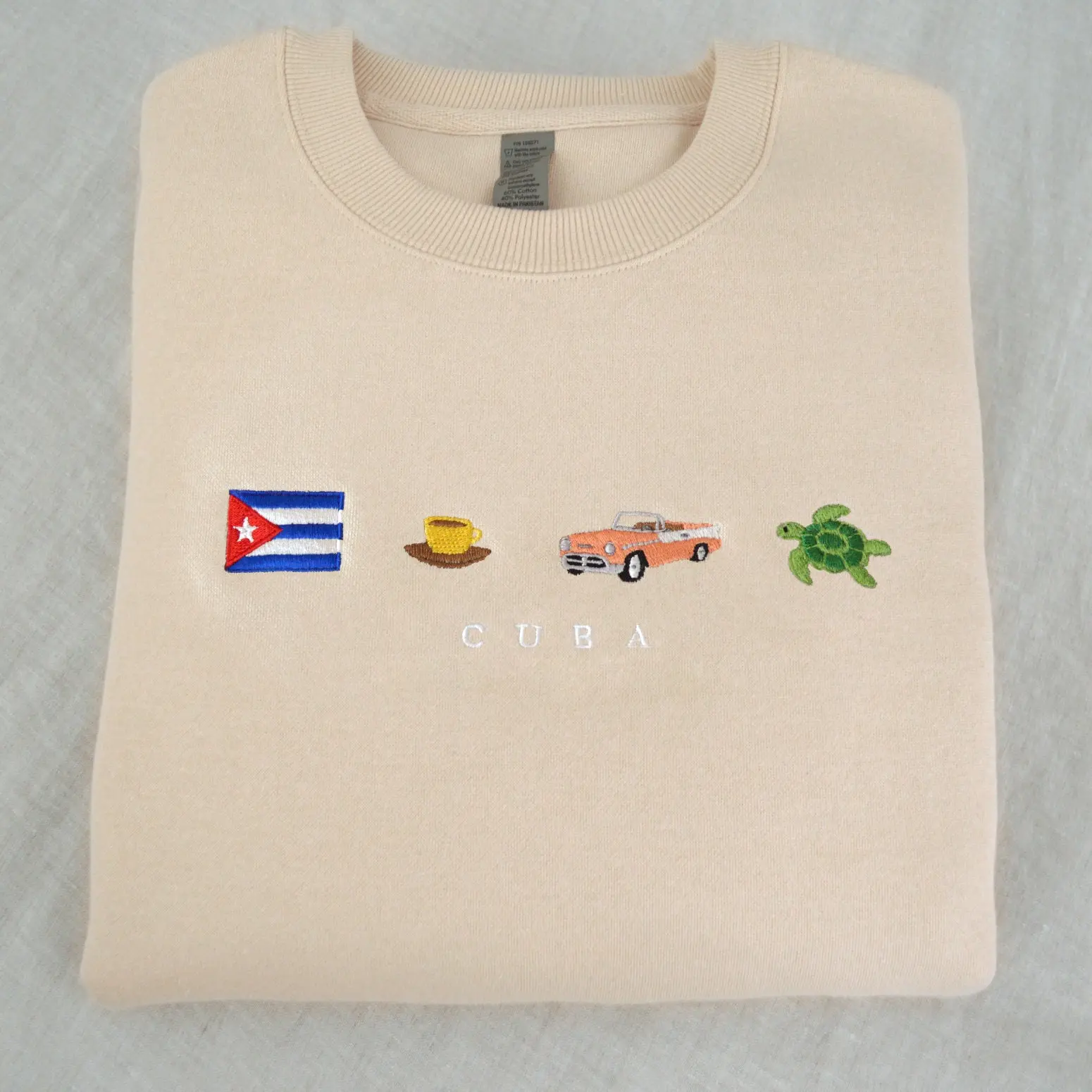 Cuba Embroidery Sweatshirt, Cozy, Island, Caribbean, Coffee, Classic 50s Car, Almendron, Green Sea Turtle, Salsa, Black, Cream Beige, Cotton Menswear Domestic