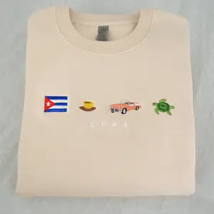 Cuba Embroidery Sweatshirt, Cozy, Island, Caribbean, Coffee, Classic 50s Car, Almendron, Green Sea Turtle, Salsa, Black, Cream Beige, Cotton Menswear Domestic