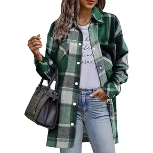 Womens Flannel Jacket Long Plaid Shacket Casual Snap Button Tartan Trench Coat Long Sleeve Shirts with Pockets