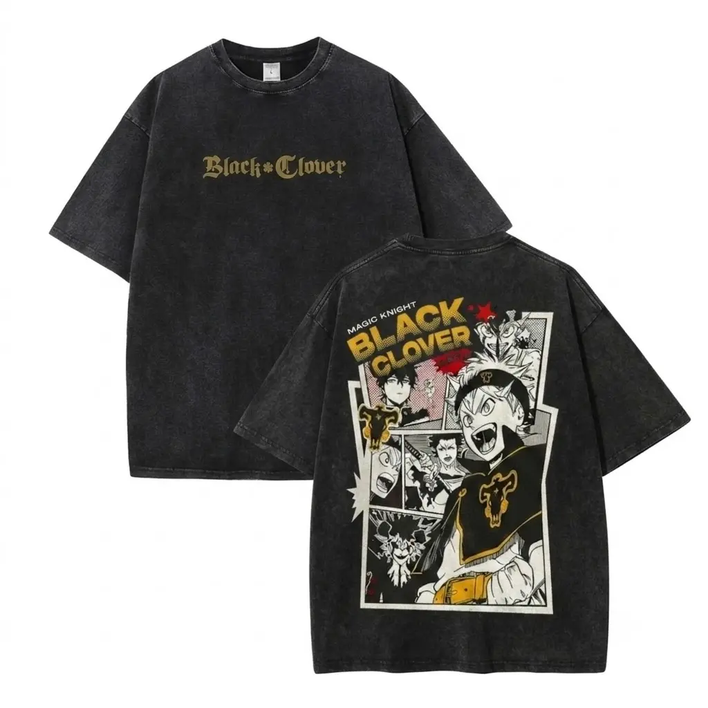 Black Clover Asta Yuno Yami Oversized Graphic Tee Vintage Acid Wash Anime T Shirt Y2K Streetwear Gym Pump Cover Black Bulls Retro Manga Merch Tiktok Finds Trendy Dark Aesthetic Workout Fit Casual Top Japanese Activewear Mens Magic Knight