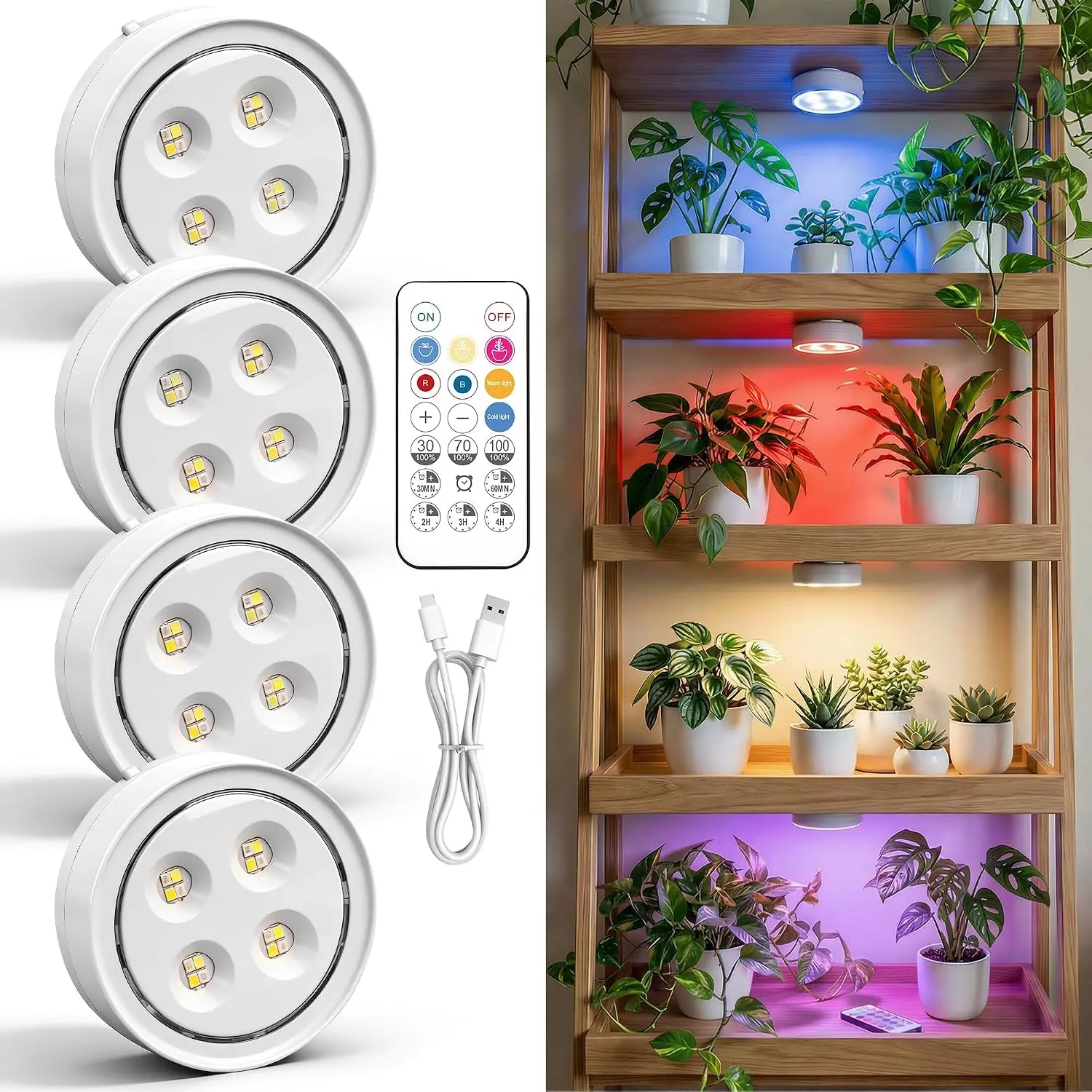 4-Pack Rechargeable Grow Lights with Timer, 3000K-6500K Wireless Plant Lamp for Indoor  Full Spectrum Lighting with Remote Control | Magnetic 3000k 6500k Plant Lamp for Indoor Growing, Full Spectrum Lighting with Remote, Stepless Dimming for Plant Shelf