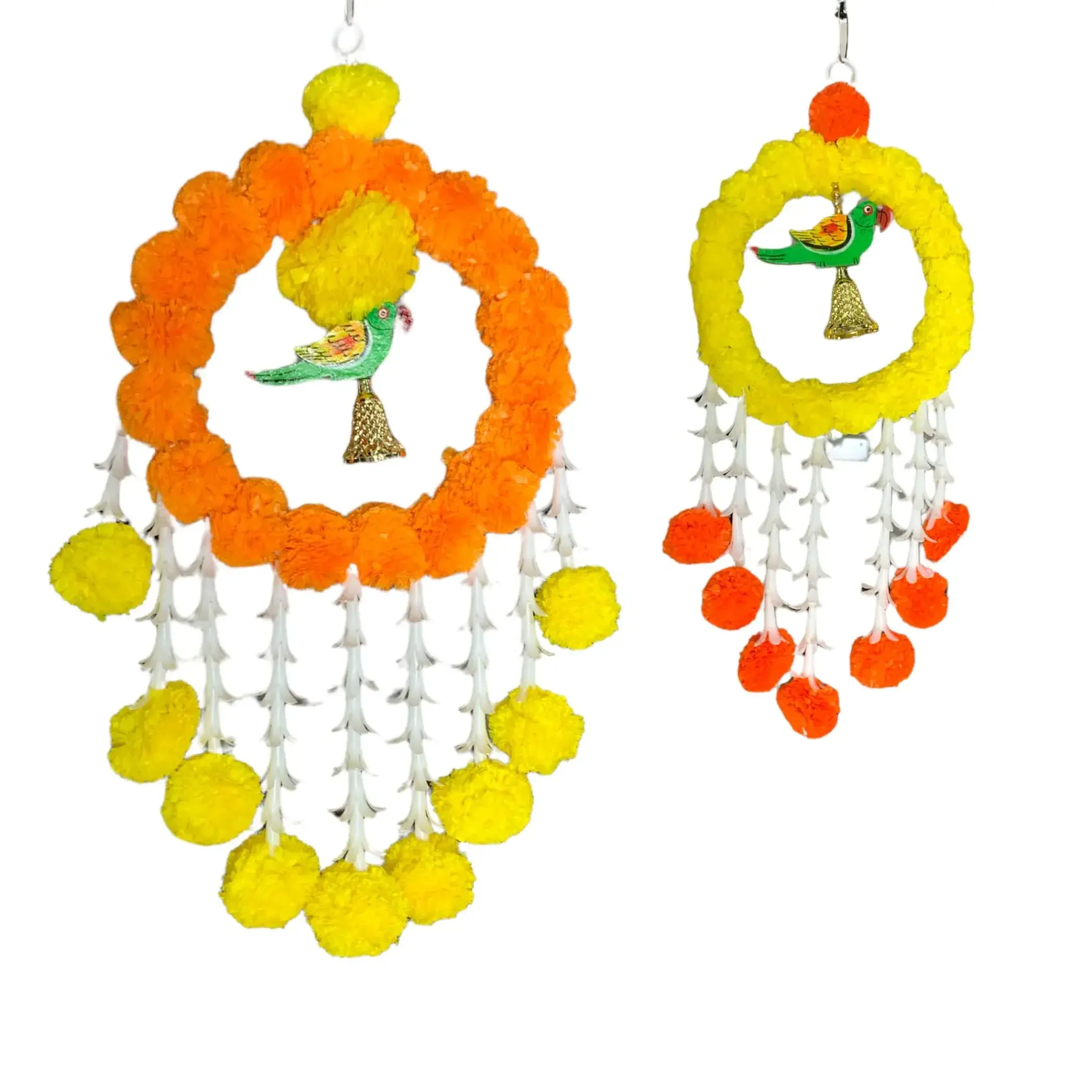 Intricate Parrot Marigold Jhoomer | Vibrant Floral Wall Decor for Weddings, Pooja, Festivals | Enhance Any Space with Sacred Elegance