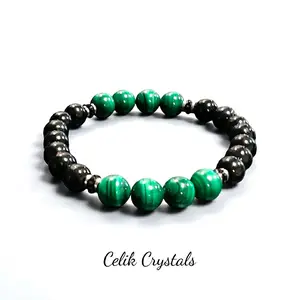 Black Tourmaline Bracelet With Malachite Authentic 8mm Natural High Grade Stones with Stainless Steel Black Rhinestones - Unisex Design Anklet