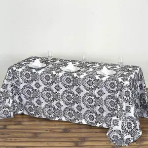 Taffeta Rectangle Tablecloth 90"x132" Black with Velvet Flocking Damask Design - Seamless Style for Formal Occasions