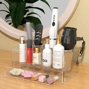 Hair Tool Organizer - Clear Acrylic Organizer with Drawer for Hair Dryer and Styling Accessories, White
