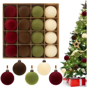 3.15" Velvet Christmas Ball Ornaments Set, 16 pcs Flocked Xmas Tree Decoration, Large Shatterproof Decorative Hanging Balls for Party Holiday Wreath Garland Home Décor (Red Brown Green White)