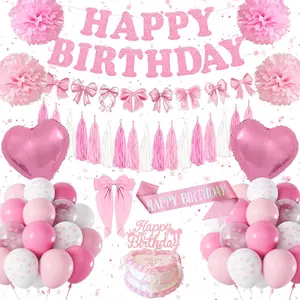 Birthday Decoration,  Bow  Party Decorations, Bow Themed Decorations for Girl Women, Happy Birthday Banner, Sash, Hair Clip