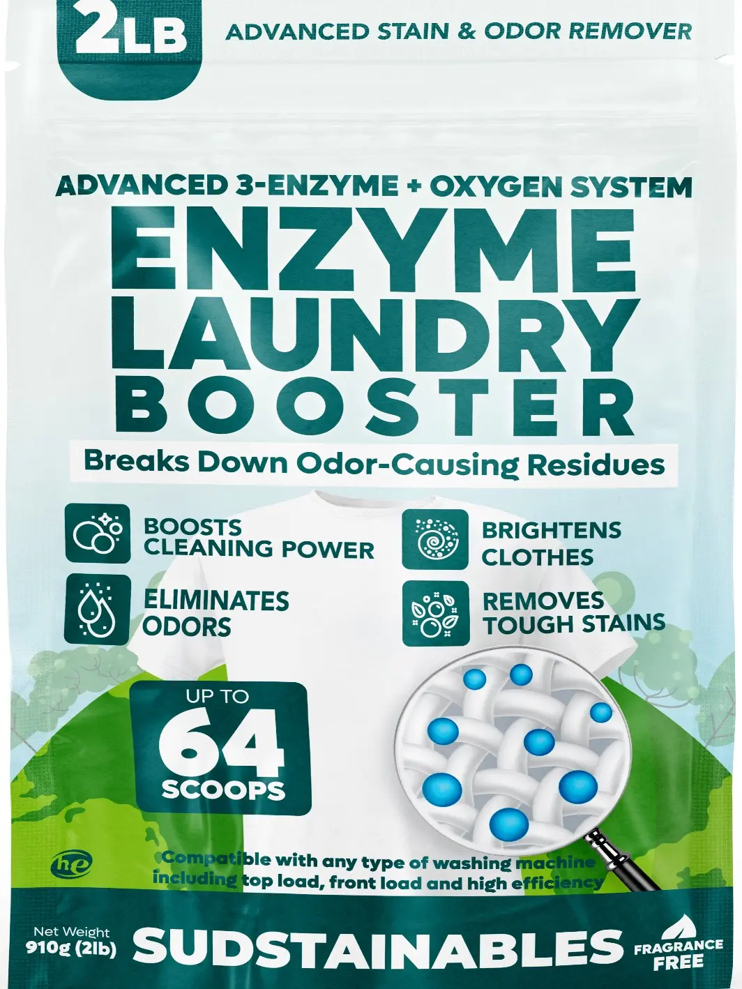 Sudstainables Enzyme Laundry Booster | Removes Odors & Tough Stains | Fragrance Free | HE Safe