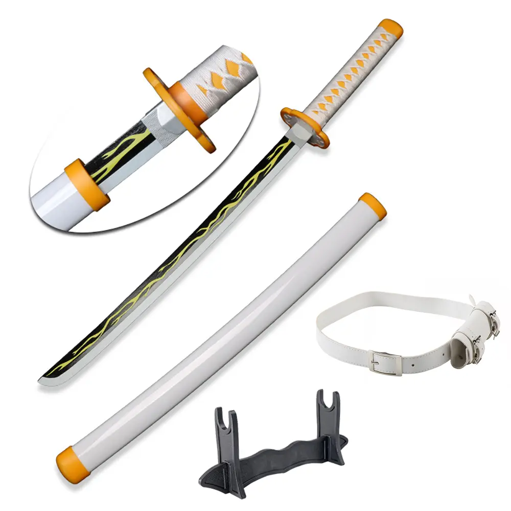 ELERVINO 1 x 31 in Plastic Unisex Demon Slayer Cosplay Sword (Agatsuma Zenitsu) - Bamboo Wooden Design, White Belt, 1 x Holder Stand, Christmas/New Year Decoration for Halloween Anime Role-Playing Props, Collection