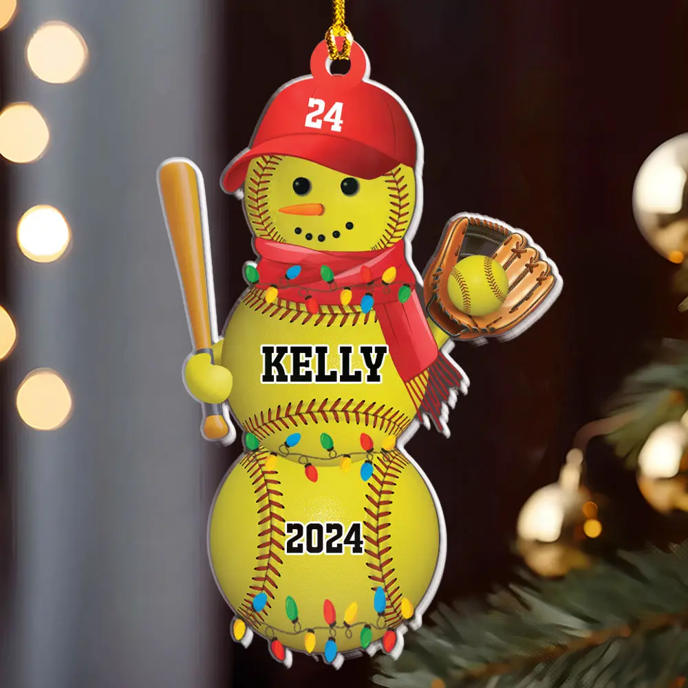Petthouse | Personalized Softball Ornament, Custom Name, Softball Lovers Grandkid Gift, Softball Snowman