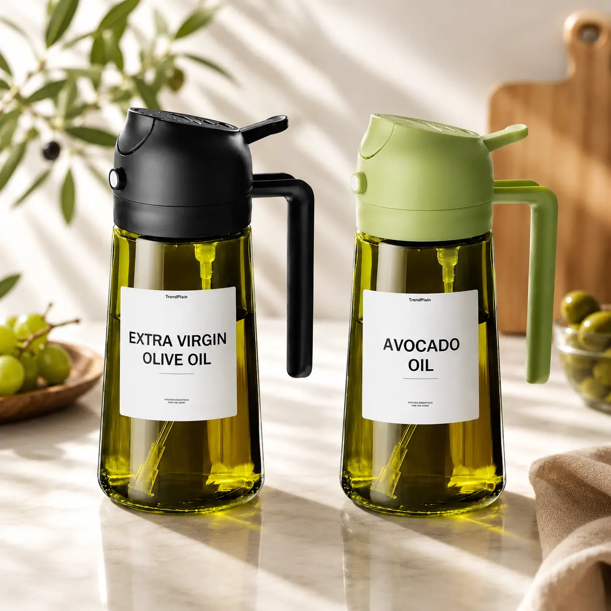 2 Pack 2 in 1 Oil Sprayer for Cooking, 16oz/470ml Dark Green Glass Oil Dispenser Bottle, Light-Blocking Food-Grade Sprayable Bottle, Portion Control Olive Oil Mister with Easy Pouring for Kitchen, Air Fryer, BBQ and Salad Dressings