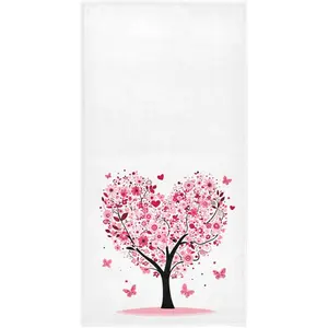 Pink Flowers Heart Tree 16x30in Ultra Soft Absorbent Hand Towel, Romantic Spring Butterfly Towel for Bathroom Kitchen, Ideal for Mother's and Valentine's Day Decorations