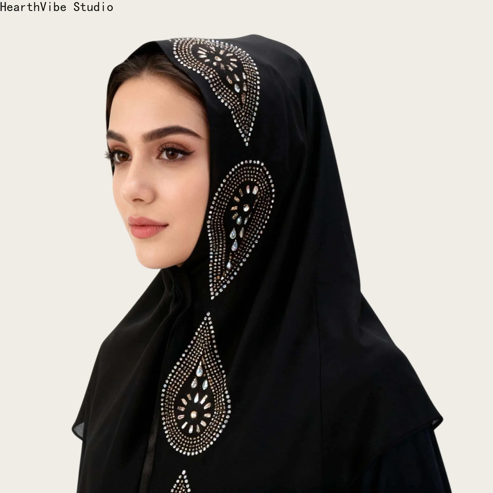 Modest Hijab Muslim Sports Headscarf - Luxury Black Chiffon, Large Crystal Rhinestone Paisley Design, Premium Soft Breathable Shawl for Wedding, Formal Evening Party
