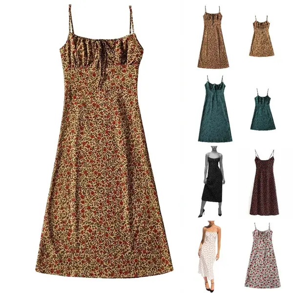 Kingapril Women's Floral Dress Low-Cut Square Neck Spaghetti Strap Tie Bodycorn 90s Y2k Sun Dresses Springfresh Casual Wear Women's Slip Summer Dress with Adjustable Straps & Elastic Neckline