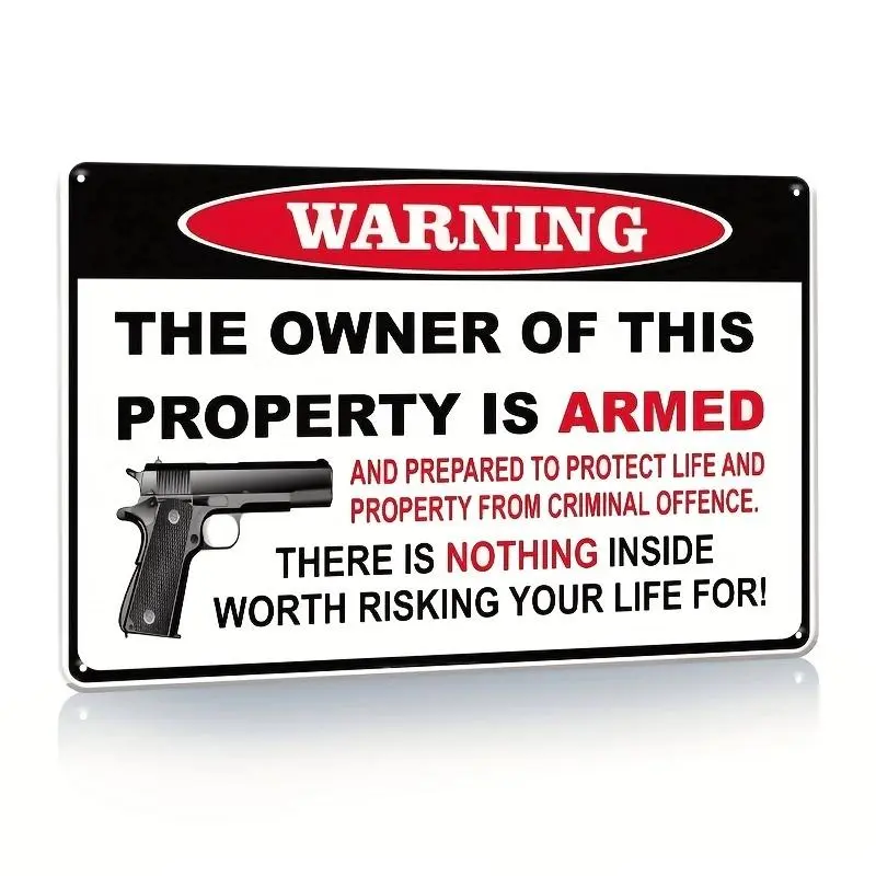Warning Signs For Property Gun The Owner Of This Property Is Armed Tin Sign Protected Security Metal Plate Decor, 7.8"x11.8" Rust Free Indoor Or Outdoor Use For Home
