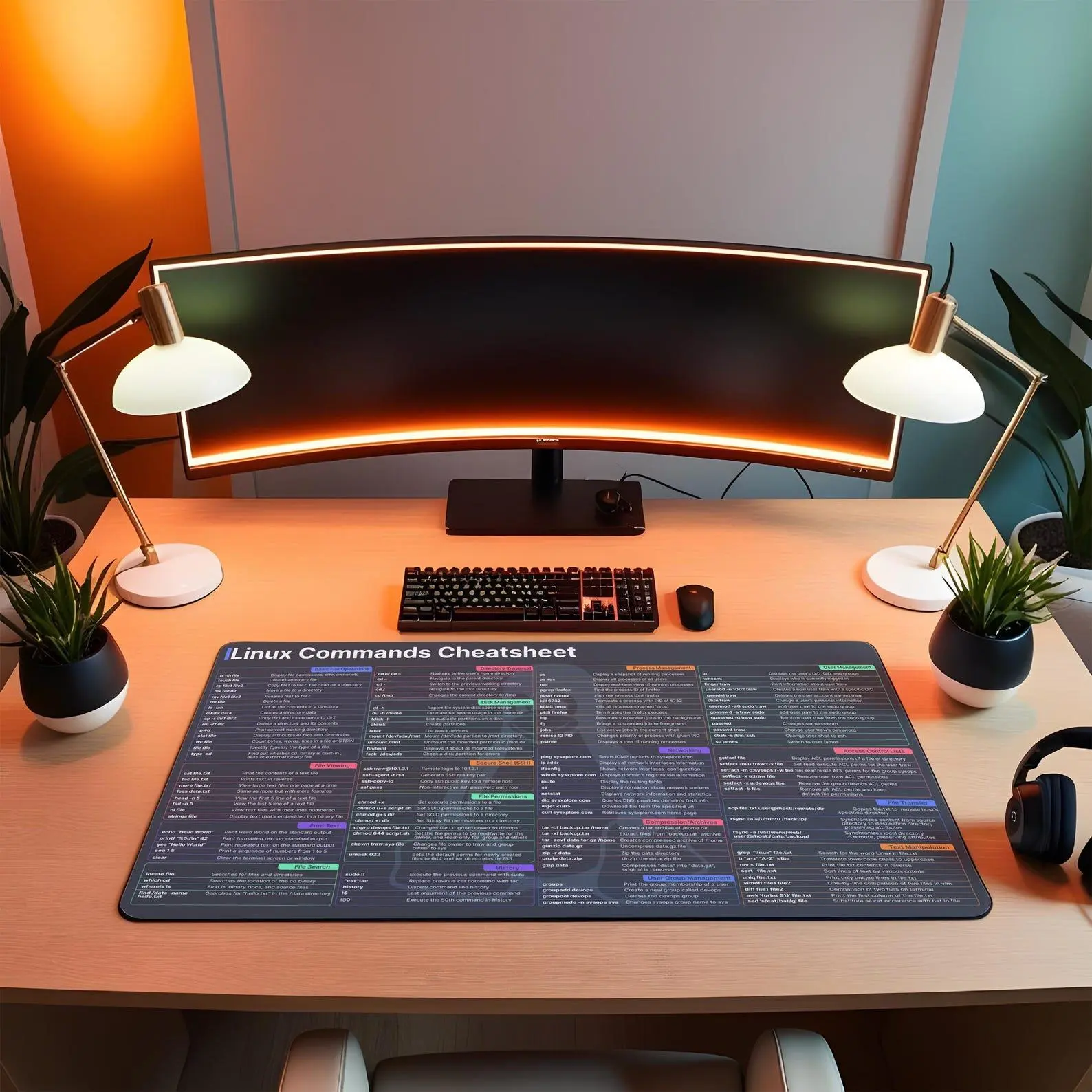 Linux Cheat Sheet Desk Mat | Linux Shortcut Key Mouse Pad | Water Resistant Desk Mat for Programming | Non-Slip Eco-Friendly Rubber Mat